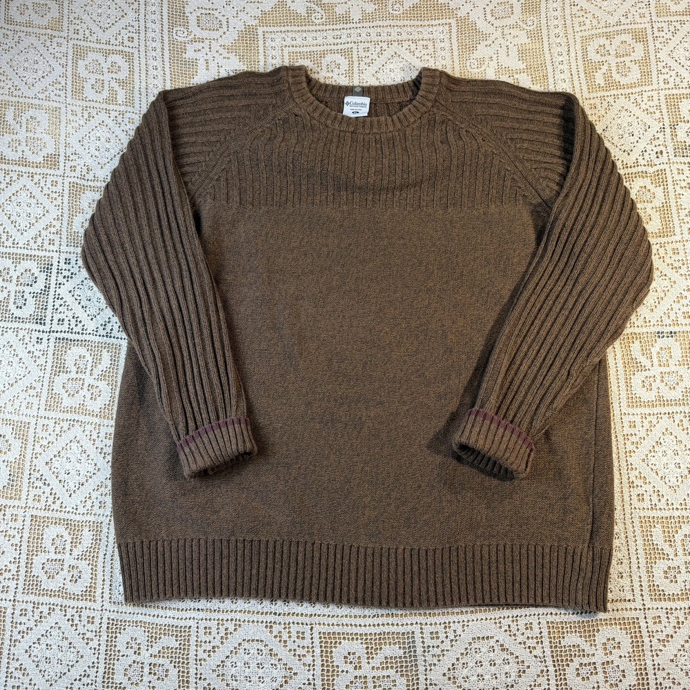 Columbia Sweater Mens XLarge Brown Ribbed Knit Cotton Crewneck Pullover Casual